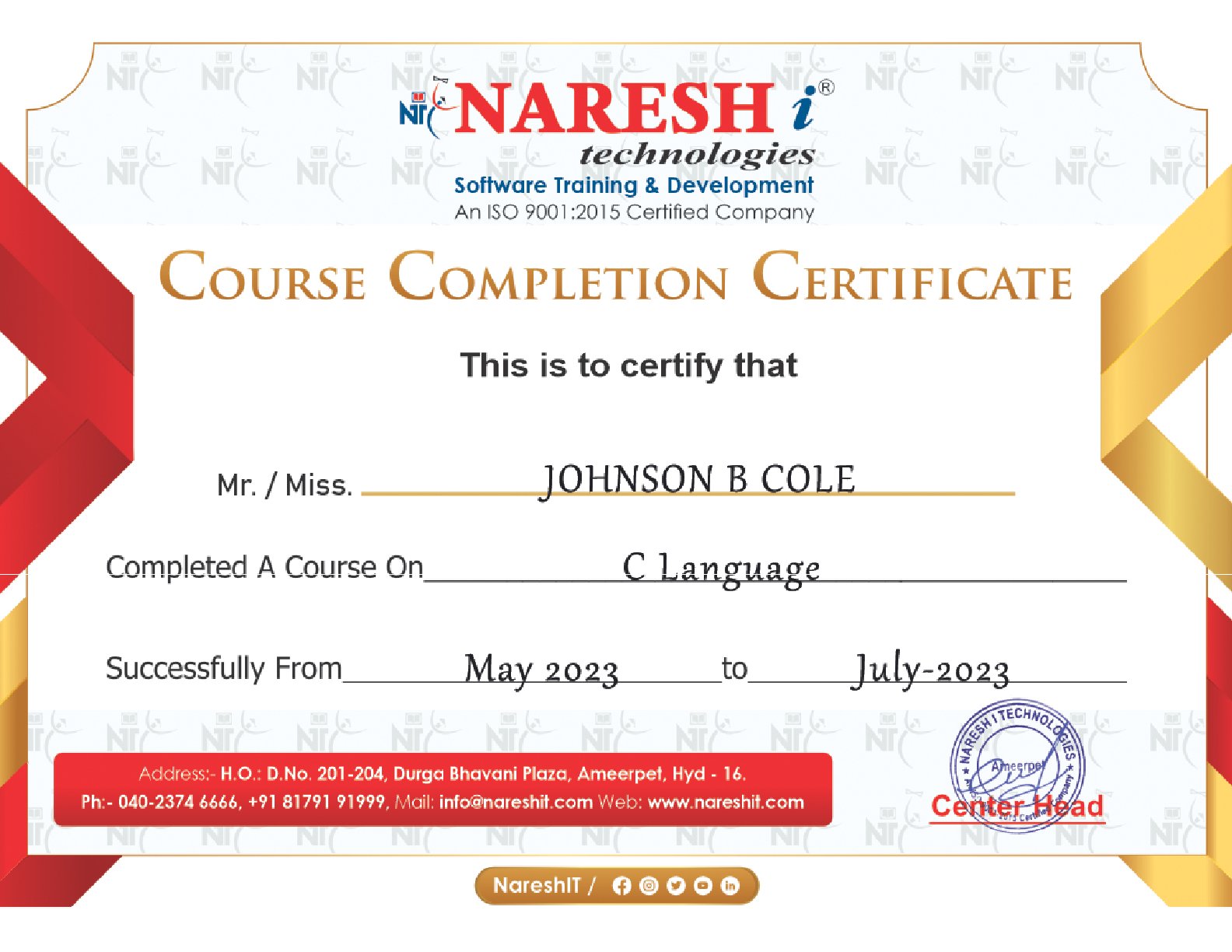 Course completion certificate - C Language